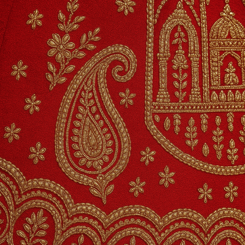 Luxurious Bridal Lehenga in Red with Detailed Gold Embellishments