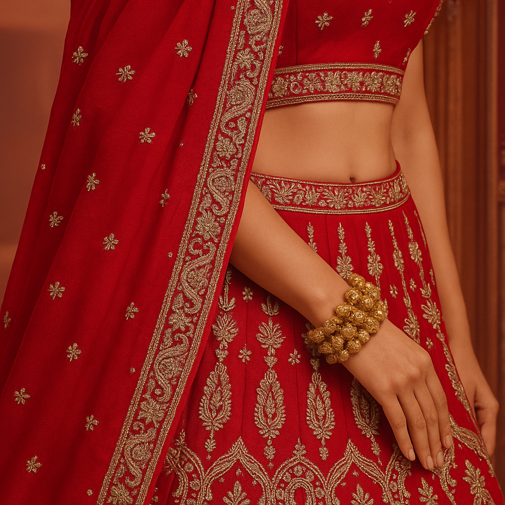 Luxurious Bridal Lehenga in Red with Detailed Gold Embellishments