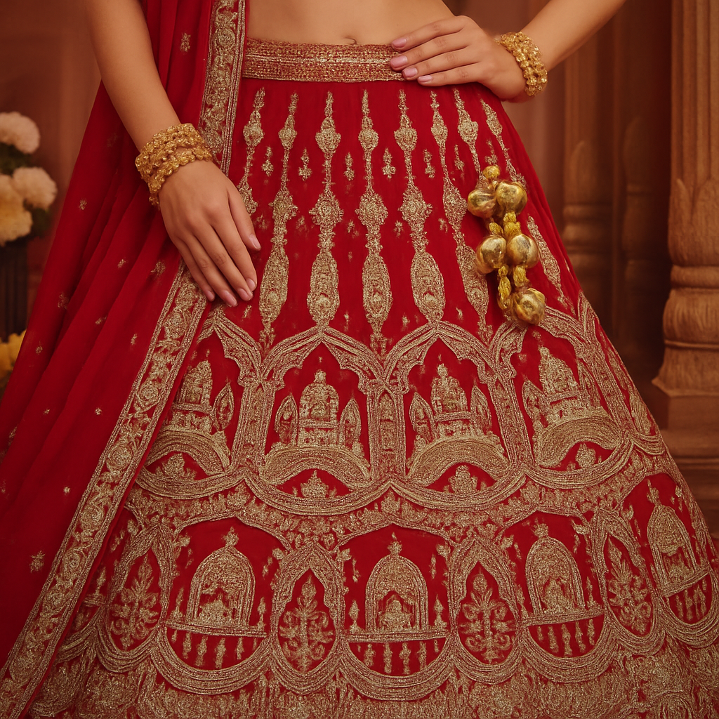 Luxurious Bridal Lehenga in Red with Detailed Gold Embellishments