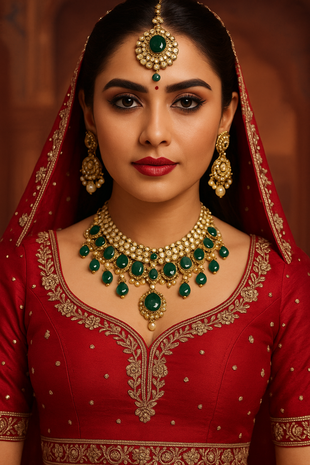 Luxurious Bridal Lehenga in Red with Detailed Gold Embellishments