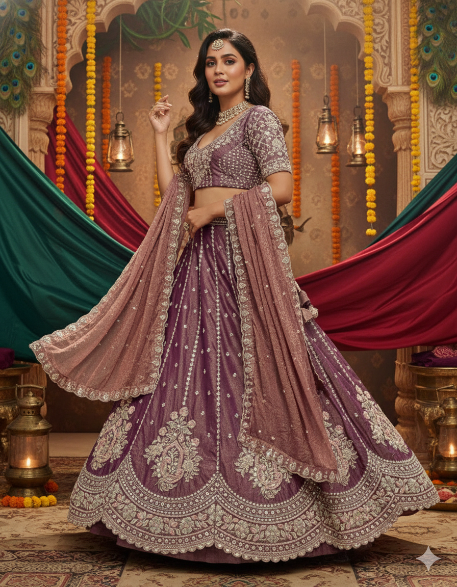 Women’s Plum Silk Embroidered Bridal Lehenga Choli with Dupatta – Heavy Zari & Sequin Work