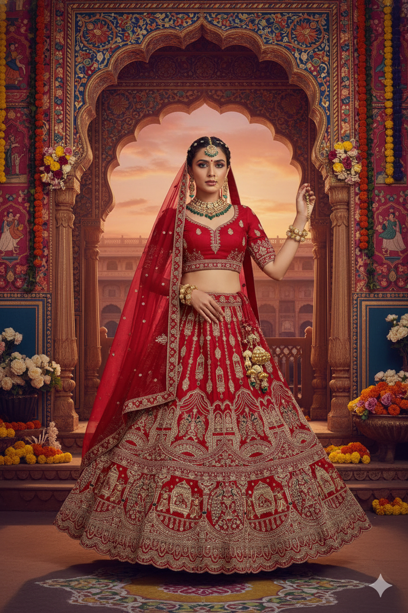 Luxurious Bridal Lehenga in Red with Detailed Gold Embellishments