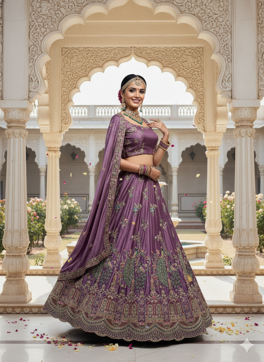 Women’s Purple Silk Embroidered Bridal Lehenga Choli with Dupatta – Peacock Design & Zari Work