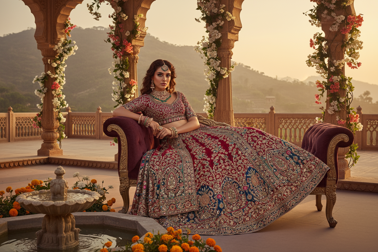 a indian model lying down and posing in a expensive lehenga and the background should be a stunning scenery and the lehenga should be complimented by it