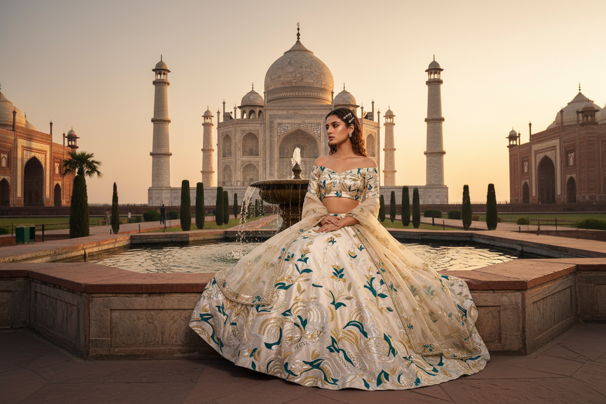 a modern lehenga with taj mahal in the background and the model posing by sitting in front of a fountain and then behind is taj mahal