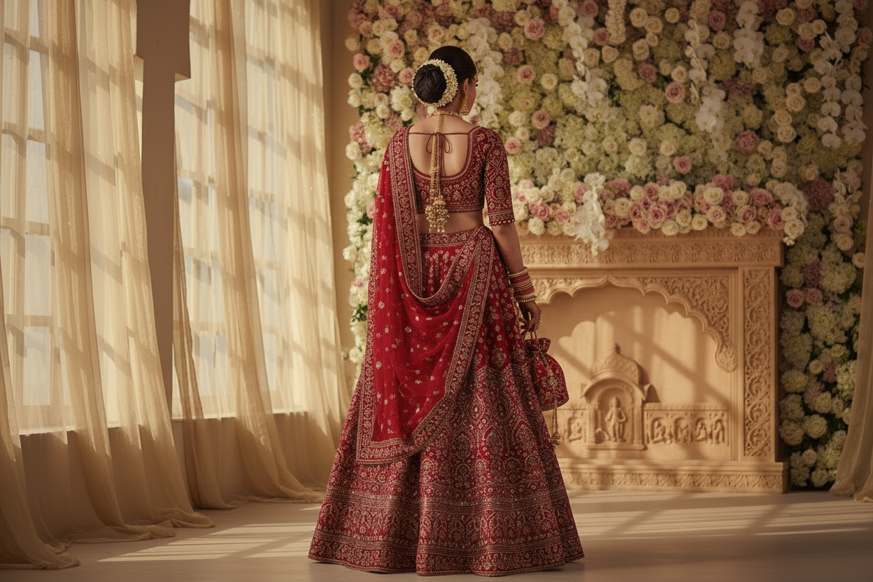 a wedding lehenga worn by the bride with a attractive background and the picture is clicked from the back