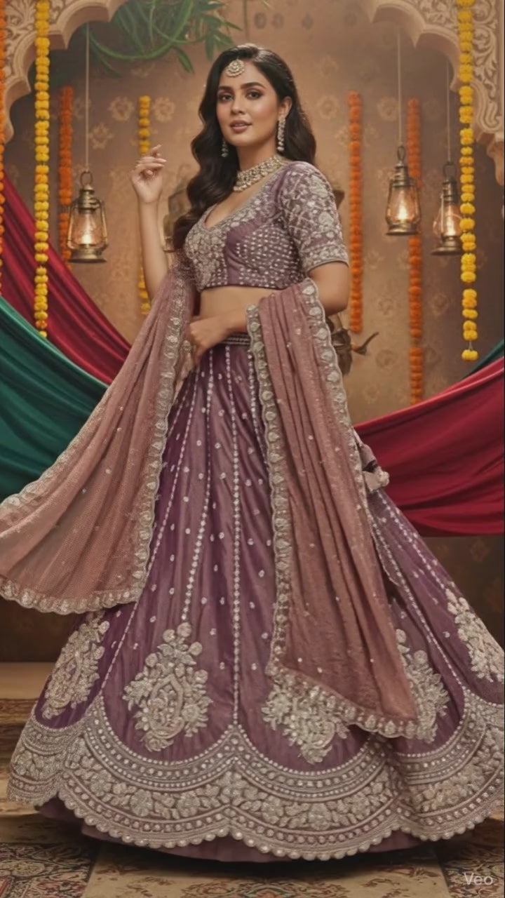 Women’s Plum Silk Embroidered Bridal Lehenga Choli with Dupatta – Heavy Zari & Sequin Work